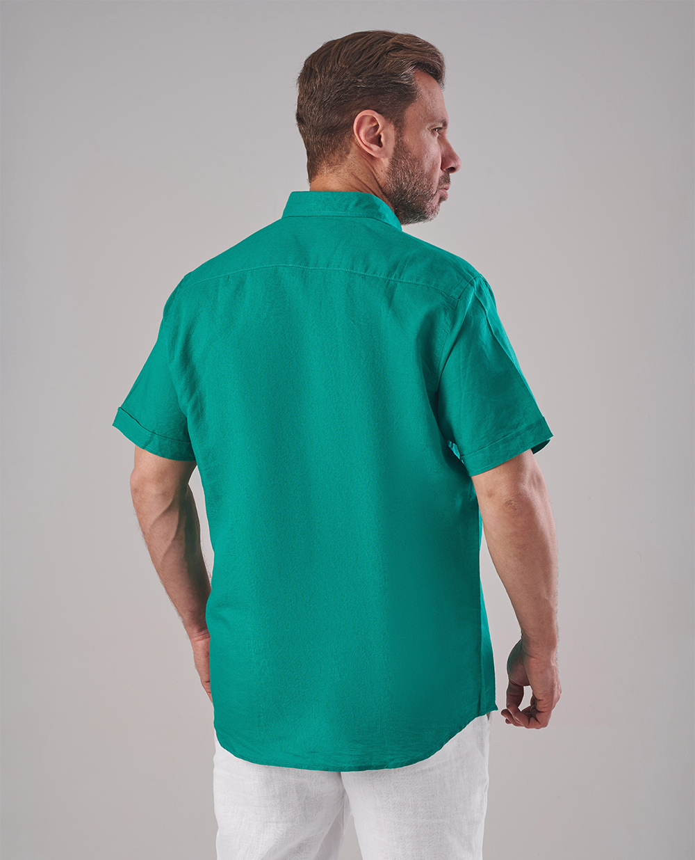 Green Linen Shirt – Short Sleeve – Plain – Regular Fit